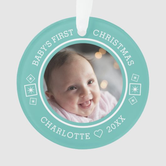 Baby's Eerste Kerst Mis Modern 2 Foto Teal Ornament (voorkant)