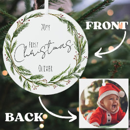 Baby's eerste kerst Mistletoe krans en foto Metalen Ornament