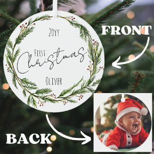 Baby's eerste kerst Mistletoe krans en foto Metalen Ornament