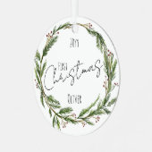 Baby's eerste kerst Mistletoe krans en foto Metalen Ornament (Voorkant links)