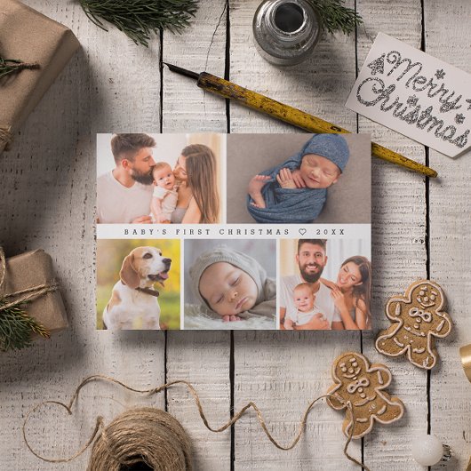Baby's eerste kerst moderne fotocollage gelukkig feestdagenkaart