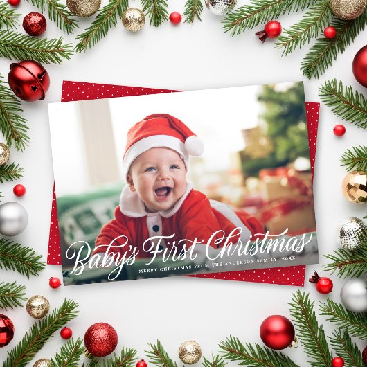 Baby's eerste kerst moderne script foto feestdagenkaart