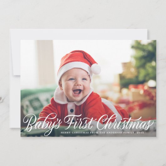 Baby's eerste kerst moderne script foto feestdagenkaart (Voorkant)