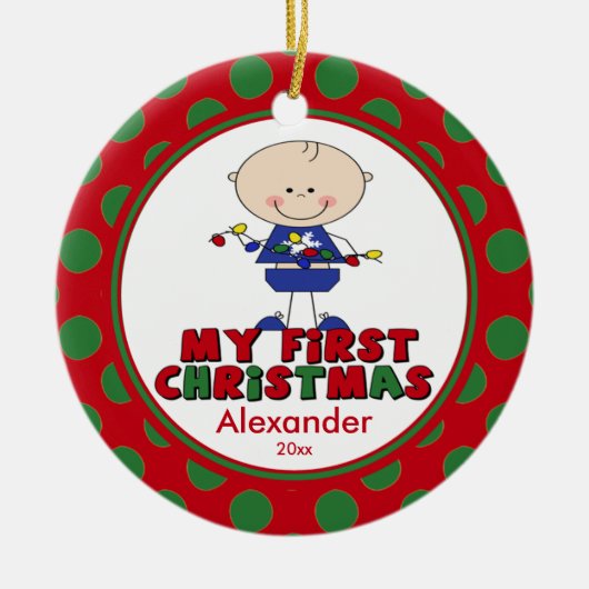 Baby's Eerste Kerst Ornament Stokfiguur Jongen (Voorkant)