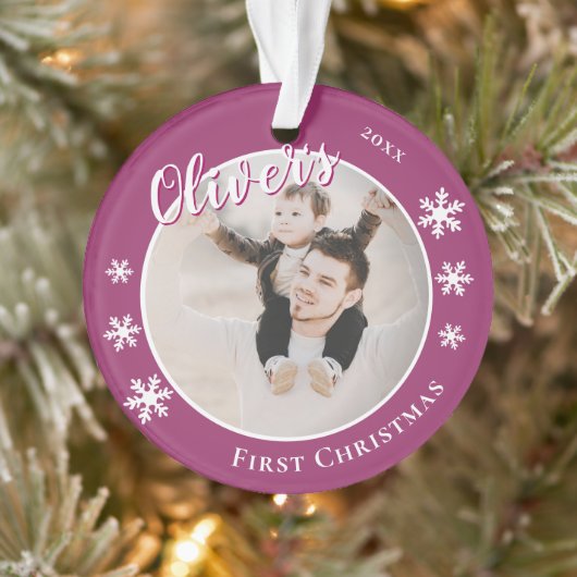 Baby's eerste kerst Paarse naam foto Ornament (Boom)