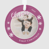 Baby's eerste kerst Paarse naam foto Ornament (achterkant)