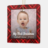 Baby's eerste kerst pasgeboren foto rode plaid keramisch ornament (Links)