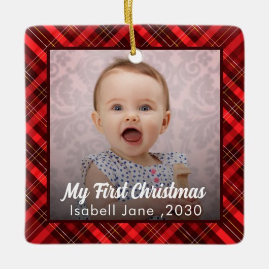 Baby's eerste kerst pasgeboren foto rode plaid keramisch ornament (Voorkant)