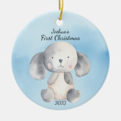 Baby's eerste kerst puppy blauw gepersonaliseerd keramisch ornament (Voorkant)