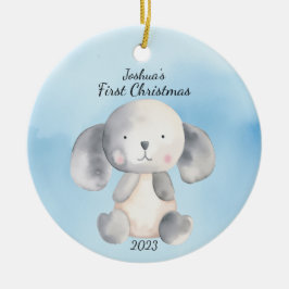 Baby's eerste kerst puppy blauw gepersonaliseerd keramisch ornament