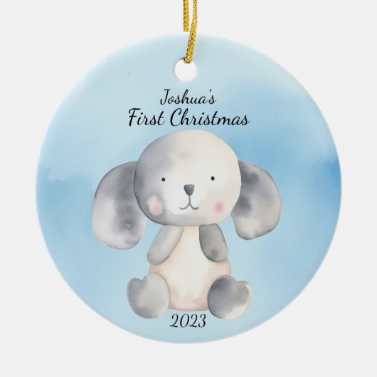 Baby's eerste kerst puppy blauw gepersonaliseerd keramisch ornament (Voorkant)