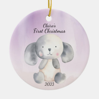 Baby's eerste kerst puppy blauw gepersonaliseerd keramisch ornament