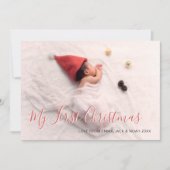 Baby's Eerste Kerst Red Script Familiefoto Feestdagenkaart (Voorkant)