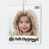 Baby's eerste kerst retro wit foto keramisch ornament (Links)