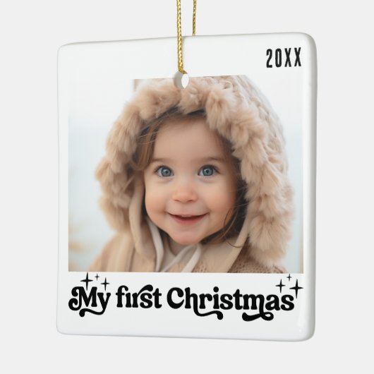 Baby's eerste kerst retro wit foto keramisch ornament (Links)