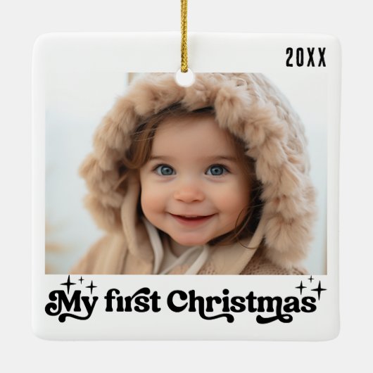 Baby's eerste kerst  retro wit foto keramisch ornament (Achterkant)