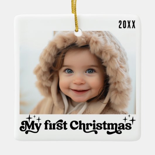 Baby's eerste kerst retro wit foto keramisch ornament (Voorkant)
