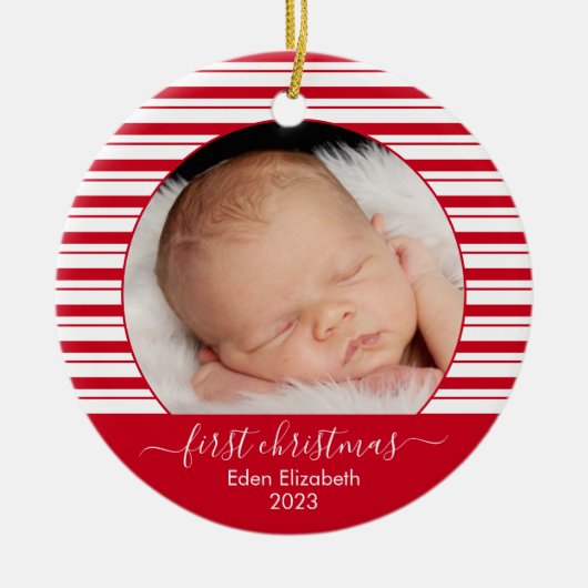 Baby's eerste kerst rode snoepriet keramisch ornament (Voorkant)