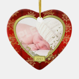 Baby's Eerste Kerst Rood Goud Foto Hart Keramisch Ornament