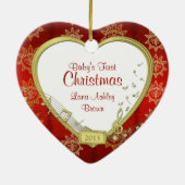 Baby's Eerste Kerst Rood Goud Foto Hart Keramisch Ornament (Achterkant)