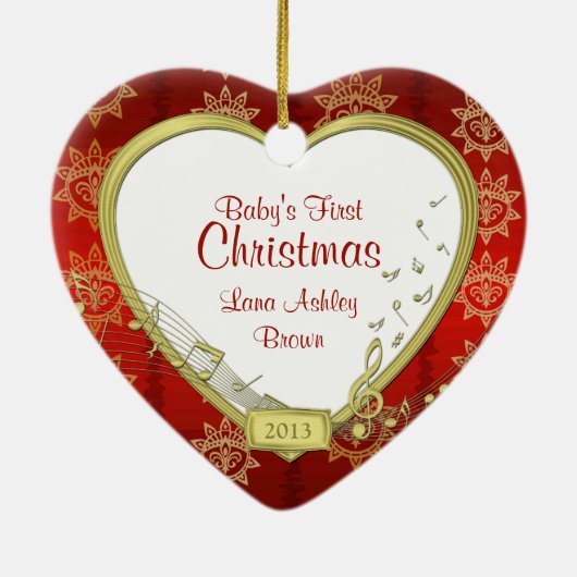 Baby's Eerste Kerst Rood Goud Foto Hart Keramisch Ornament (Achterkant)