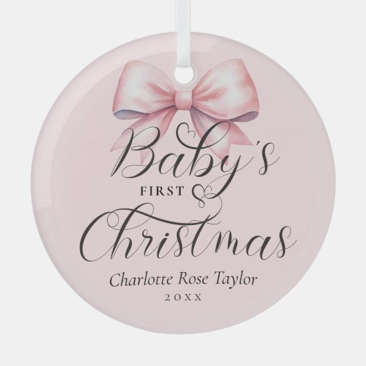Baby's Eerste Kerst Roze Bow Keepsake Glas Ornament (Voorkant)