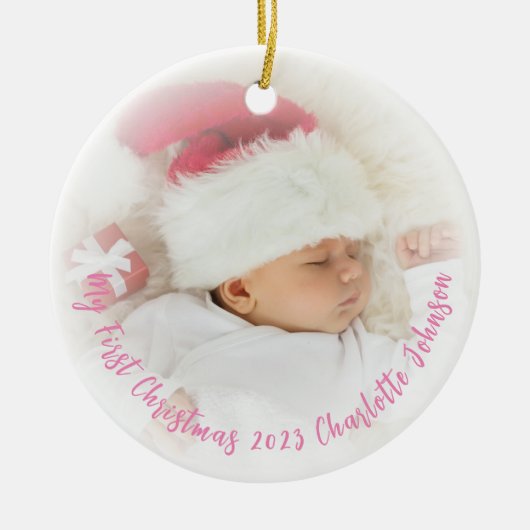 Babys Eerste Kerst Roze Foto Overlay Ornament (Voorkant)