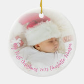 Babys Eerste Kerst Roze Foto Overlay Ornament (Achterkant)