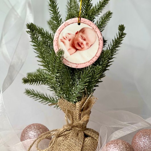 Baby's eerste kerst roze gouden glitter keramisch ornament