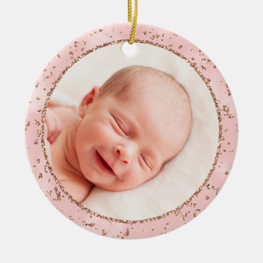 Baby's eerste kerst roze gouden glitter keramisch ornament (Voorkant)