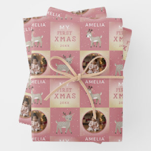 Baby's eerste kerst Roze Hert Foto Inpakpapier Vel