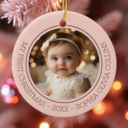 Baby's Eerste Kerst Roze Modern 2 Foto Pasgeborene Keramisch Ornament
