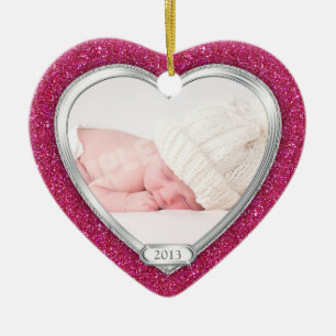 Baby's Eerste Kerst Roze Zilveren Foto Xmas Keramisch Ornament