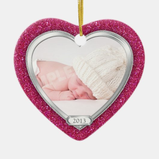 Baby's Eerste Kerst Roze Zilveren Foto Xmas Keramisch Ornament (Voorkant)