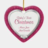 Baby's Eerste Kerst Roze Zilveren Foto Xmas Keramisch Ornament (Achterkant)