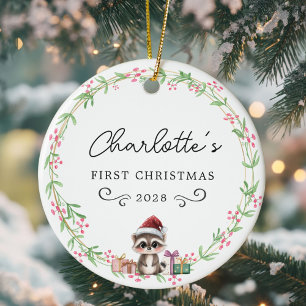 Baby's eerste kerst-rustieke krans & Baby wasbeer Keramisch Ornament