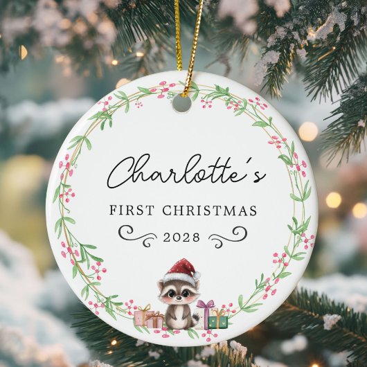 Baby's eerste kerst-rustieke krans & Baby wasbeer Keramisch Ornament