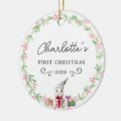 Baby's eerste kerst-rustieke krans en konijn keramisch ornament (Links)
