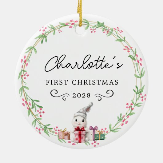 Baby's eerste kerst-rustieke krans en konijn keramisch ornament (Achterkant)