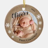 Baby's eerste kerst rustieke naam foto keramisch ornament (Voorkant)