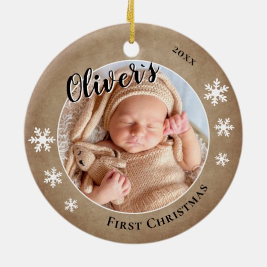 Baby's eerste kerst rustieke naam foto keramisch ornament (Achterkant)
