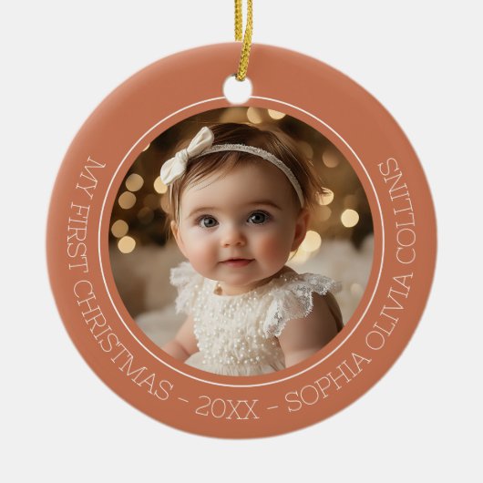 Baby's Eerste Kerst Rustieke Terracotta Twee Foto Keramisch Ornament (Voorkant)