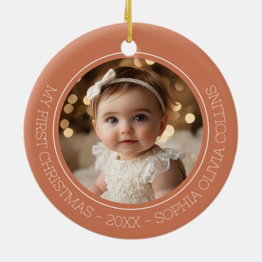 Baby's Eerste Kerst Rustieke Terracotta Twee Foto Keramisch Ornament (Achterkant)