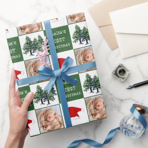Baby's eerste kerst Santa hoed sneeuw boom foto Cadeaupapier