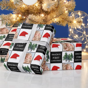 Baby's eerste kerst Santa hoed sneeuw boom foto Cadeaupapier