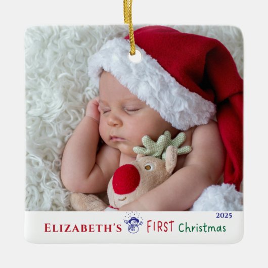 Baby's eerste kerst Schattigee foto Keramisch Ornament (Voorkant)