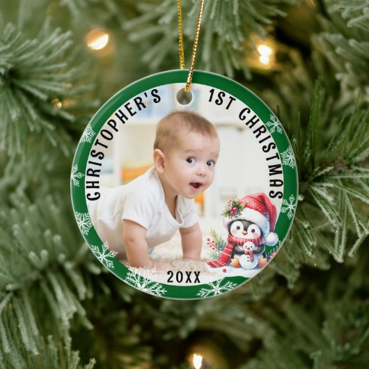 Baby's Eerste Kerst Schattigee Pinguïn Foto Keramisch Ornament (Boom)