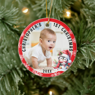 Baby's Eerste Kerst Schattigee Pinguïn Rood Lijst  Keramisch Ornament