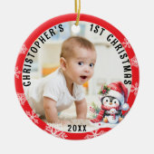 Baby's Eerste Kerst Schattigee Pinguïn Rood Lijst  Keramisch Ornament (Voorkant)