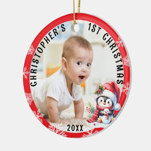 Baby's Eerste Kerst Schattigee Pinguïn Rood Lijst Keramisch Ornament (Links)